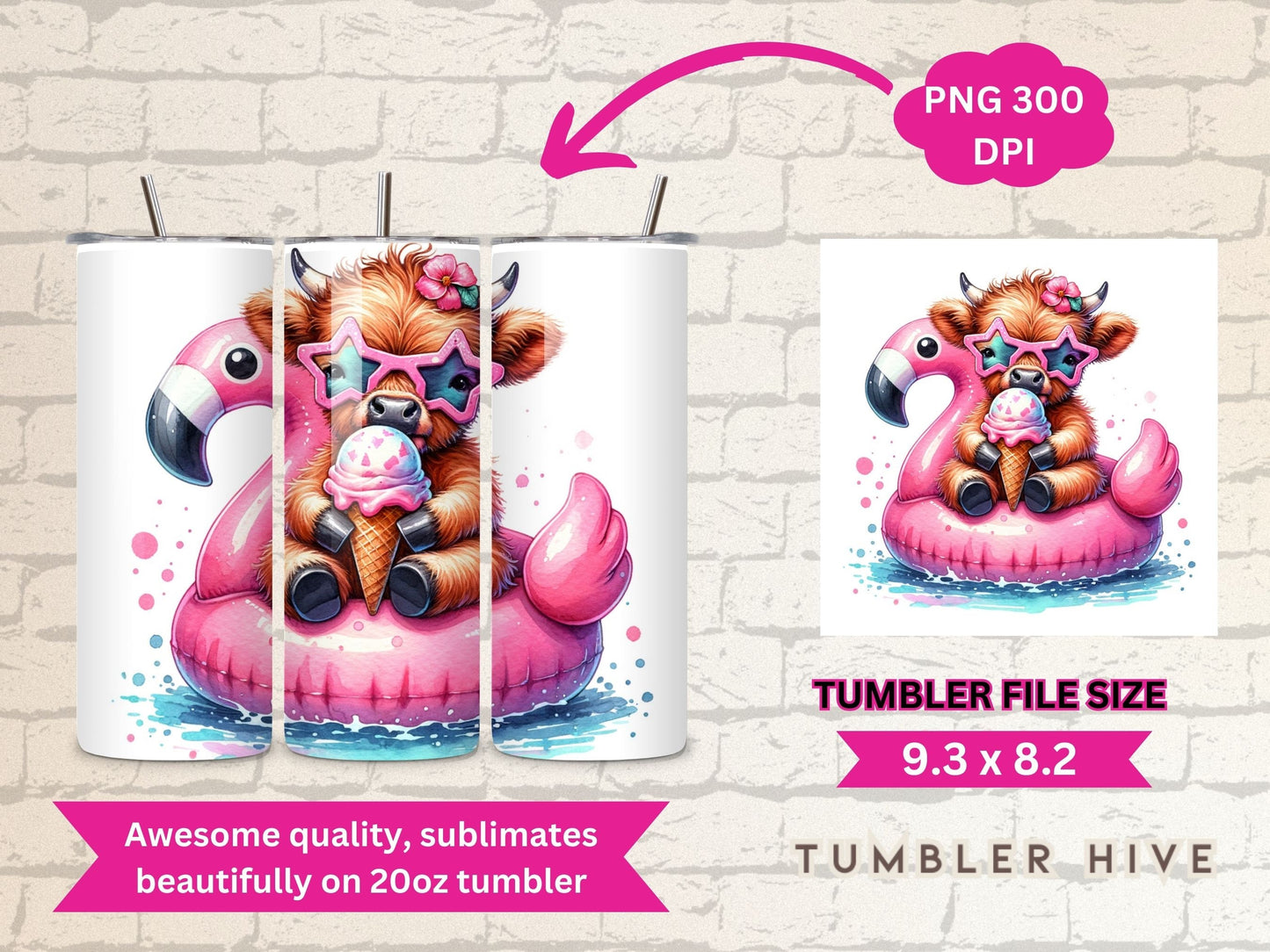 Baby Highland Cow Tumbler Wrap, 20 oz Skinny Sublimation Tumbler Design, Summer Print Sublimation Design Png, Headband Tumbler Png Downloads