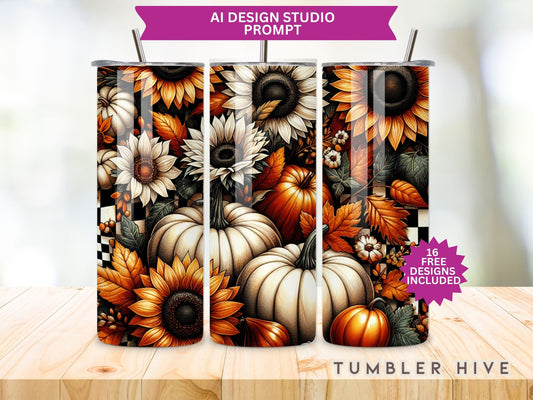 Autumn Pumpkins Tumbler Wrap, 20 oz Skinny Sublimation Tumbler Design, Floral Print Sublimation Design Png, Pumpkin Tumbler Png Downloads