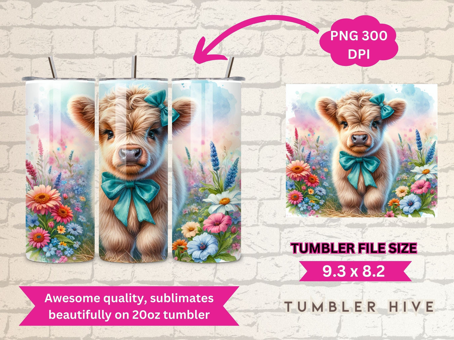 Baby Highland Cow Tumbler Wrap, 20 oz Skinny Sublimation Tumbler Design, Cute Highland Print Sublimation Design Png, Tumbler Png Downloads